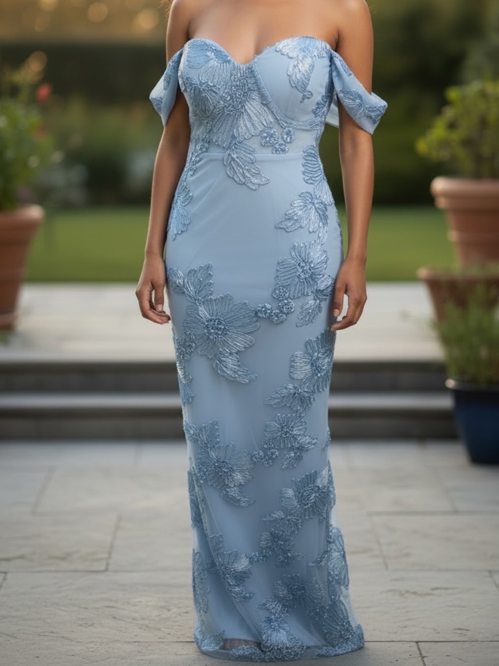 Strapless Dusty Blue Floral Appliqué Evening Dress